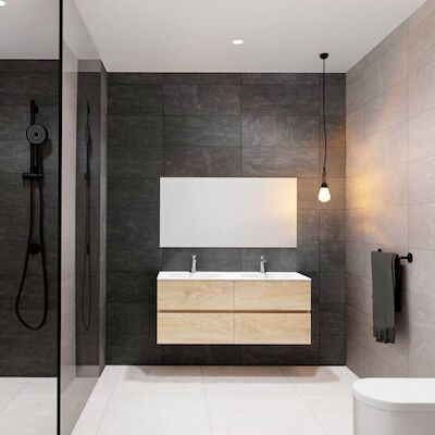 Badkamermeubel Solid Surface BWS Stockholm 120×46 cm Rechts Wood Washed Oak 4 Laden (0 kraangaten)
