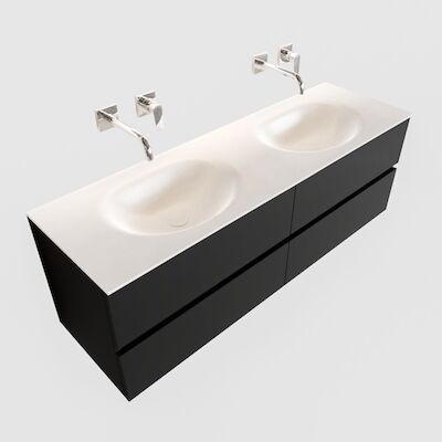 Badkamermeubel Solid Surface BWS Stockholm 150×45 cm Mat Zwart Urban Dubbel (0 kraangaten, 4 lades)