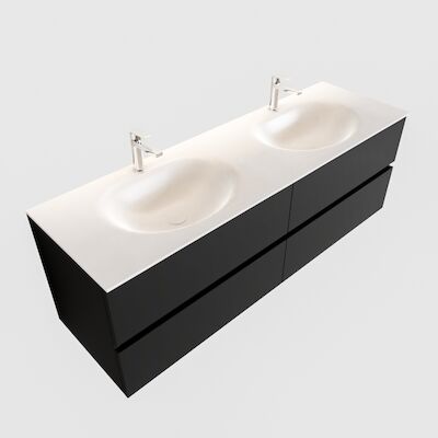 Badkamermeubel Solid Surface BWS Stockholm 150×45 cm Mat Zwart Urban Dubbel (2 kraangaten, 4 lades)