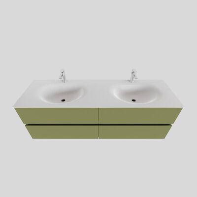 Badkamermeubel Solid Surface BWS Stockholm 150×46 cm Dubbel Mat Groen 4 Laden (met 2 kraangaten)