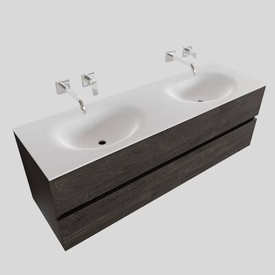 Badkamermeubel Solid Surface BWS Stockholm 150×46 cm Dubbel Wood Dark Brown (0 kraangaten)