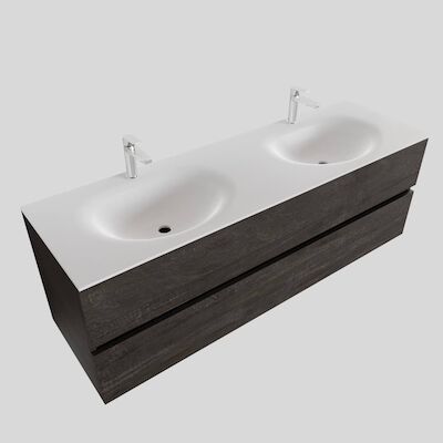 Badkamermeubel Solid Surface BWS Stockholm 150×46 cm Dubbel Wood Dark Brown (2 kraangaten)