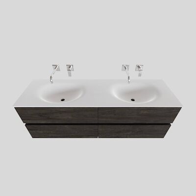 Badkamermeubel Solid Surface BWS Stockholm 150×46 cm Dubbel Wood Dark Brown 4 Laden (0 kraangaten)