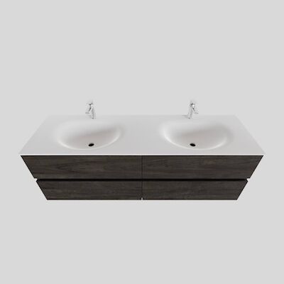 Badkamermeubel Solid Surface BWS Stockholm 150×46 cm Dubbel Wood Dark Brown 4 Laden (2 kraangaten)