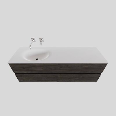 Badkamermeubel Solid Surface BWS Stockholm 150×46 cm Links Wood Dark Brown 4 Laden (0 kraangaten)