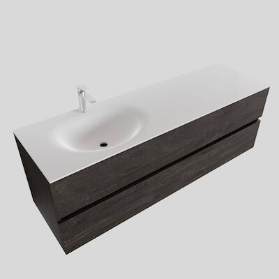 Badkamermeubel Solid Surface BWS Stockholm 150×46 cm Links Wood Dark Brown (met 1 kraangat)