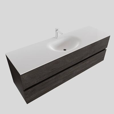 Badkamermeubel Solid Surface BWS Stockholm 150×46 cm Midden Wood Dark Brown (met 1 kraangat)