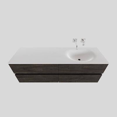 Badkamermeubel Solid Surface BWS Stockholm 150×46 cm Rechts Wood Dark Brown 4 Laden (0 kraangaten)