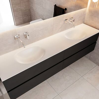 Badkamermeubel Solid Surface BWS Stockholm 200×45 cm Mat Zwart Urban Dubbel (0 kraangaten, 4 lades)