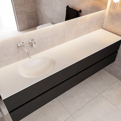 Badkamermeubel Solid Surface BWS Stockholm 200×45 cm Mat Zwart Urban Links (0 kraangaten, 4 lades)