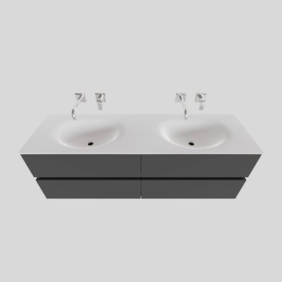 Badkamermeubel Solid Surface BWS Stockholm 200×46 cm Mat Antraciet Wasbak Dubbel (0 kraangaten, 4 lades)