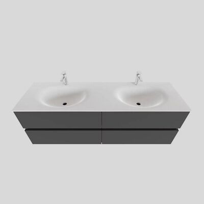 Badkamermeubel Solid Surface BWS Stockholm 200×46 cm Mat Antraciet Wasbak Dubbel (2 kraangaten, 4 lades)