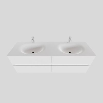 Badkamermeubel Solid Surface BWS Stockholm 200×46 cm Mat Wit Wasbak Dubbel (2 kraangaten, 4 lades)