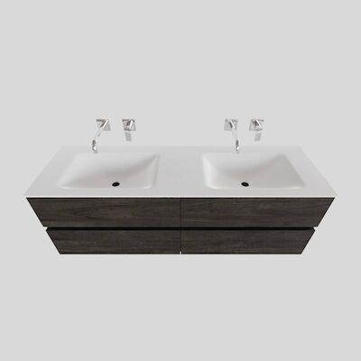 Badkamermeubel Solid Surface BWS Stockholm 200×46 cm Wood Dark Brown Wasbak Dubbel (0 kraangaten, 4 lades)