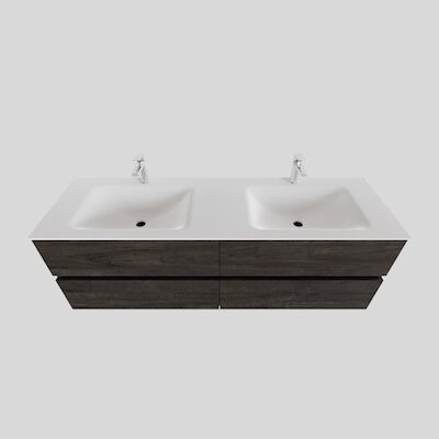 Badkamermeubel Solid Surface BWS Stockholm 200×46 cm Wood Dark Brown Wasbak Dubbel (2 kraangaten, 4 lades)