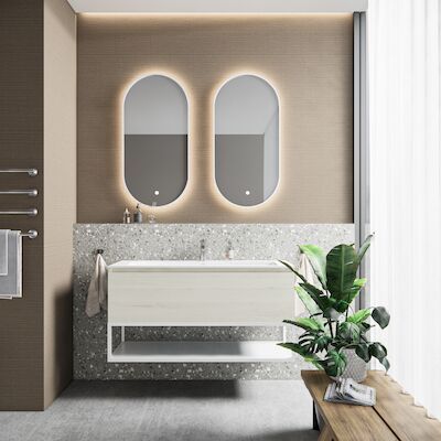 Badkamermeubelset BWS Anubis Frame 100cm 1 Lade Monaco Wit Eiken Met Wastafel (Naar Keuze)