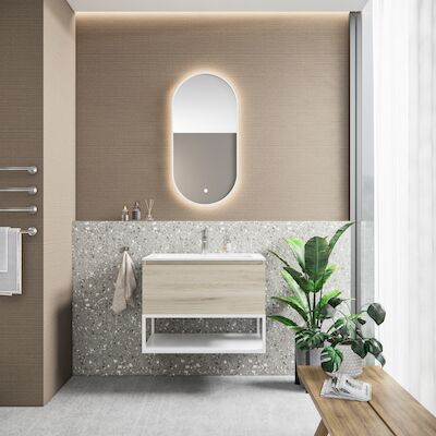 Badkamermeubelset BWS Anubis Frame 60cm 1 Lade Natuur Eiken Met Wastafel (Naar Keuze)