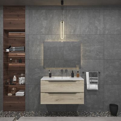 Badkamermeubelset Gliss Design Hera Mat Zwart 100cm 2 Laden Licht Grijs Eiken (Keuze Wastafel)
