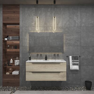 Badkamermeubelset Gliss Design Hera Mat Zwart 120cm 4 Laden Licht Grijs Eiken (Keuze Wastafel)