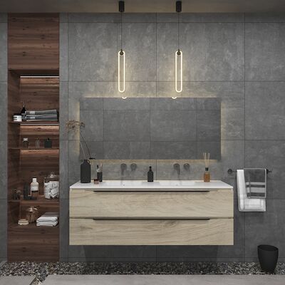Badkamermeubelset Gliss Design Hera Mat Zwart 180cm 4 Laden Licht Grijs Eiken (Keuze Wastafel)