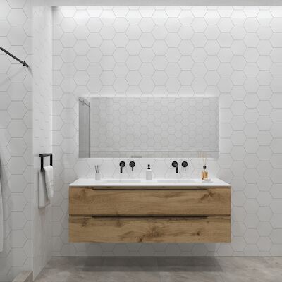 Badkamermeubelset Gliss Design Hera Mat Zwart 200cm 4 Laden Rustiek Eiken (Keuze Wastafel)