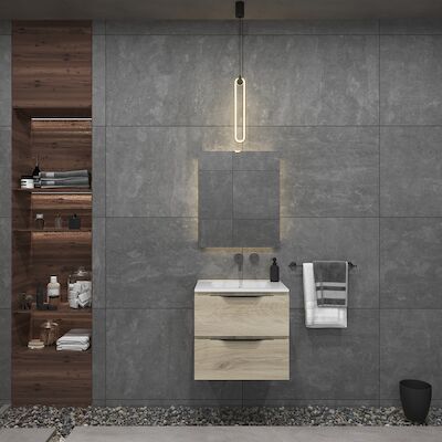 Badkamermeubelset Gliss Design Hera Mat Zwart 70cm 2 Laden Licht Grijs Eiken (Keuze Wastafel)