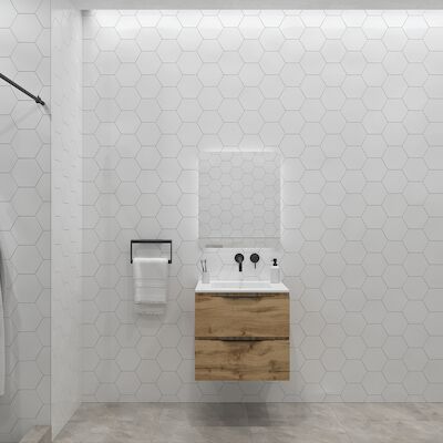 Badkamermeubelset Gliss Design Hera Mat Zwart 70cm 2 Laden Rustiek Eiken (Keuze Wastafel)