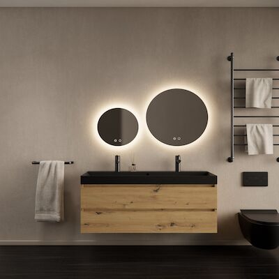 Badkamermeubelset Gliss Design Milan Met Lako Mat Zwarte Wastafel 120 cm Artisan Oak
