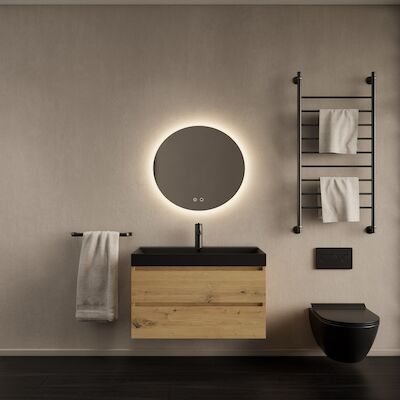 Badkamermeubelset Gliss Design Milan Met Lako Mat Zwarte Wastafel 60 cm Artisan Oak