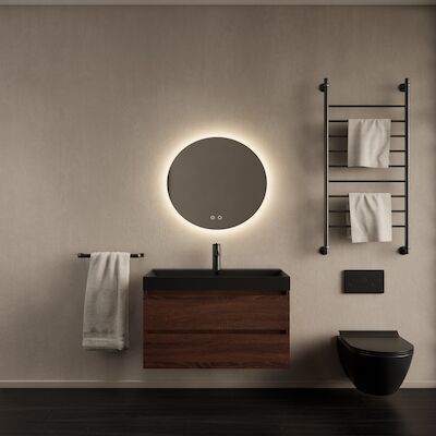 Badkamermeubelset Gliss Design Milan Met Lako Mat Zwarte Wastafel 60 cm Choco Eiken