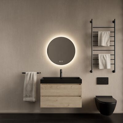 Badkamermeubelset Gliss Design Milan Met Lako Mat Zwarte Wastafel 80 Cm Kastanje
