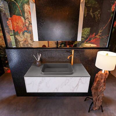 Badkamermeubelset Mondiaz Erin 100 cm met 1 Lade met RIDGE Wastafel Midden Dark grey met 1 kraangat Greeploos Mat Carrara