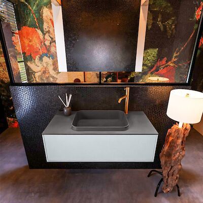 Badkamermeubelset Mondiaz Erin 100 cm met 1 Lade met RIDGE Wastafel Midden Dark grey met 1 kraangat Greeploos Mat Clay