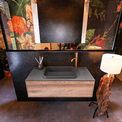Badkamermeubelset Mondiaz Erin 100 cm met 1 Lade met RIDGE Wastafel Midden Dark grey met 1 kraangat Greeploos Mat Dark Brown Grey