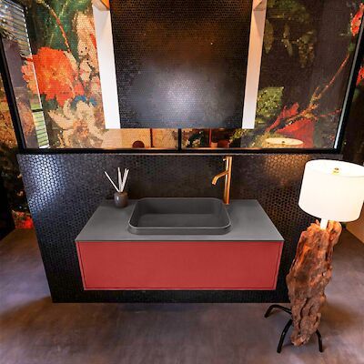 Badkamermeubelset Mondiaz Erin 100 cm met 1 Lade met RIDGE Wastafel Midden Dark grey met 1 kraangat Greeploos Mat Fire