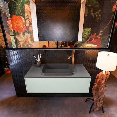 Badkamermeubelset Mondiaz Erin 100 cm met 1 Lade met RIDGE Wastafel Midden Dark grey met 1 kraangat Greeploos Mat Greey