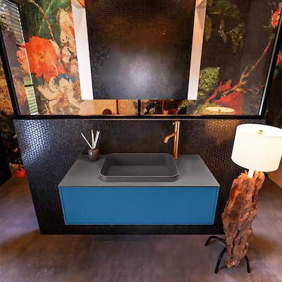 Badkamermeubelset Mondiaz Erin 100 cm met 1 Lade met RIDGE Wastafel Midden Dark grey met 1 kraangat Greeploos Mat Jeans