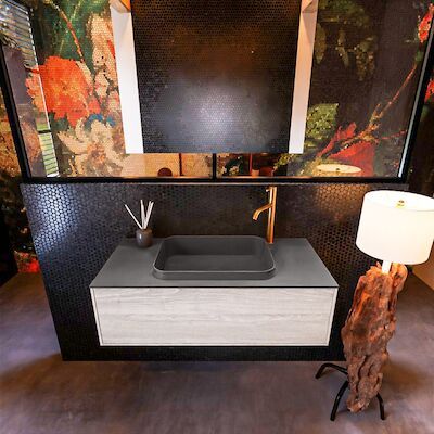 Badkamermeubelset Mondiaz Erin 100 cm met 1 Lade met RIDGE Wastafel Midden Dark grey met 1 kraangat Greeploos Mat Light Brown Grey
