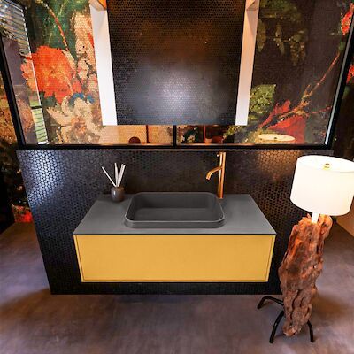 Badkamermeubelset Mondiaz Erin 100 cm met 1 Lade met RIDGE Wastafel Midden Dark grey met 1 kraangat Greeploos Mat Ocher
