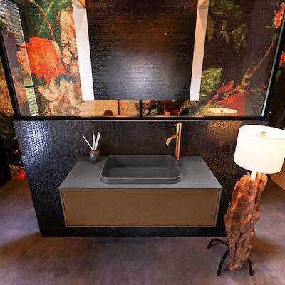 Badkamermeubelset Mondiaz Erin 100 cm met 1 Lade met RIDGE Wastafel Midden Dark grey met 1 kraangat Greeploos Mat Rust