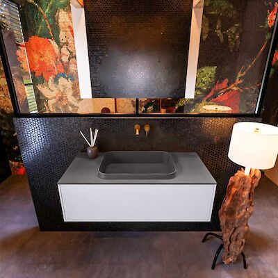 Badkamermeubelset Mondiaz Erin 100 cm met 1 Lade met RIDGE Wastafel Midden Dark grey Zonder Kraangaten Greeploos Mat Cale
