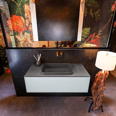 Badkamermeubelset Mondiaz Erin 100 cm met 1 Lade met RIDGE Wastafel Midden Dark grey Zonder Kraangaten Greeploos Mat Clay