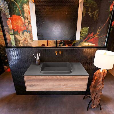 Badkamermeubelset Mondiaz Erin 100 cm met 1 Lade met RIDGE Wastafel Midden Dark grey Zonder Kraangaten Greeploos Mat Dark Brown Grey