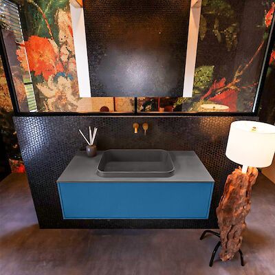 Badkamermeubelset Mondiaz Erin 100 cm met 1 Lade met RIDGE Wastafel Midden Dark grey Zonder Kraangaten Greeploos Mat Jeans