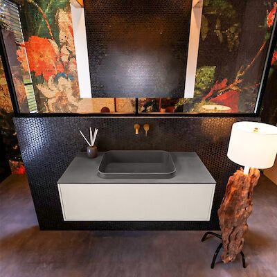Badkamermeubelset Mondiaz Erin 100 cm met 1 Lade met RIDGE Wastafel Midden Dark grey Zonder Kraangaten Greeploos Mat Linen
