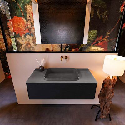 Badkamermeubelset Mondiaz Erin 100 cm met 1 Lade met RIDGE Wastafel Midden Dark grey Zonder Kraangaten Greeploos Mat Urban