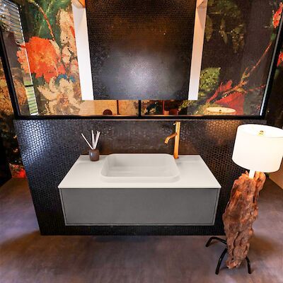 Badkamermeubelset Mondiaz Erin 100 cm met 1 Lade met RIDGE Wastafel Midden Linen met 1 kraangat Greeploos Mat Dark Grey