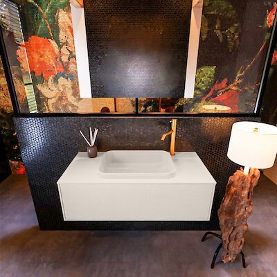 Badkamermeubelset Mondiaz Erin 100 cm met 1 Lade met RIDGE Wastafel Midden Linen met 1 kraangat Greeploos Mat Linen