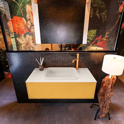Badkamermeubelset Mondiaz Erin 100 cm met 1 Lade met RIDGE Wastafel Midden Linen met 1 kraangat Greeploos Mat Ocher