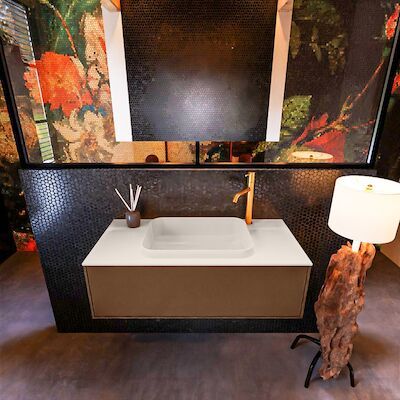 Badkamermeubelset Mondiaz Erin 100 cm met 1 Lade met RIDGE Wastafel Midden Linen met 1 kraangat Greeploos Mat Rust